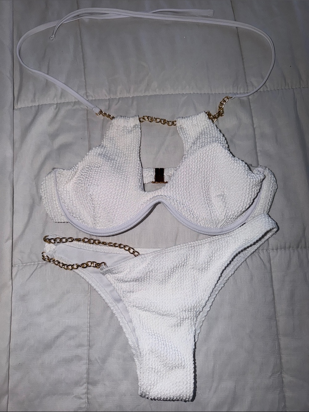 Textured White Bikini with Gold Chain Accents